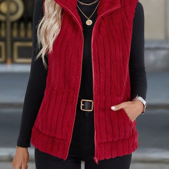 Red Casual Women's Zip Closure Vest Jacket - Picture 2 of 7